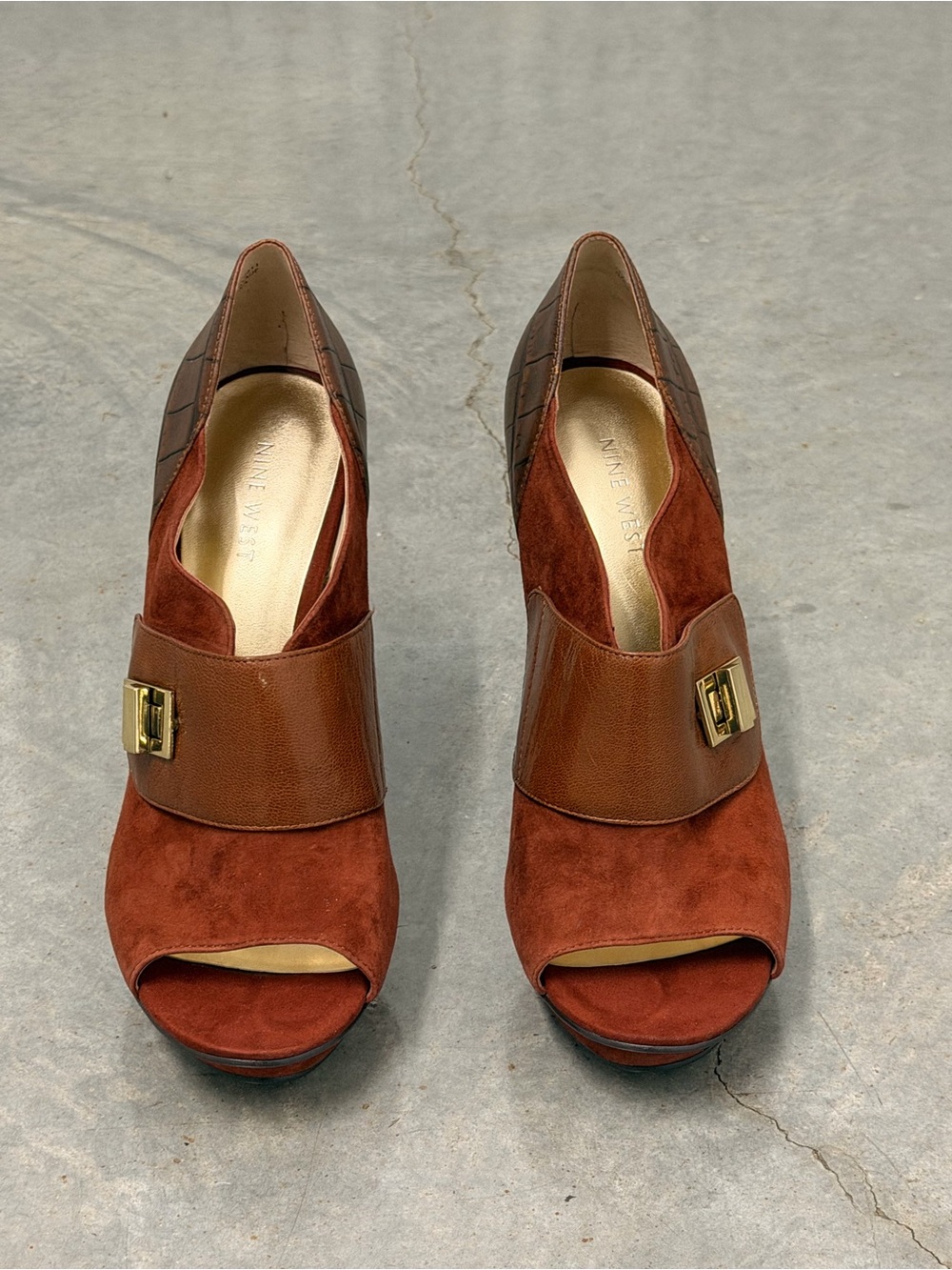 Nine West Rust Brown Suede Peep-Toe Heels with Gold Accent